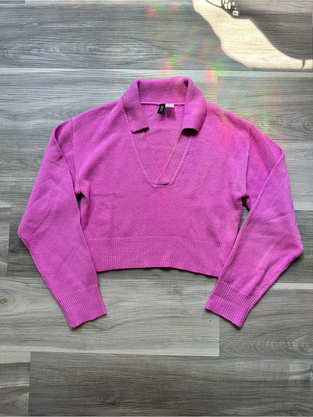 H&M Bright Pink Cropped V-Neck Collared Sweater